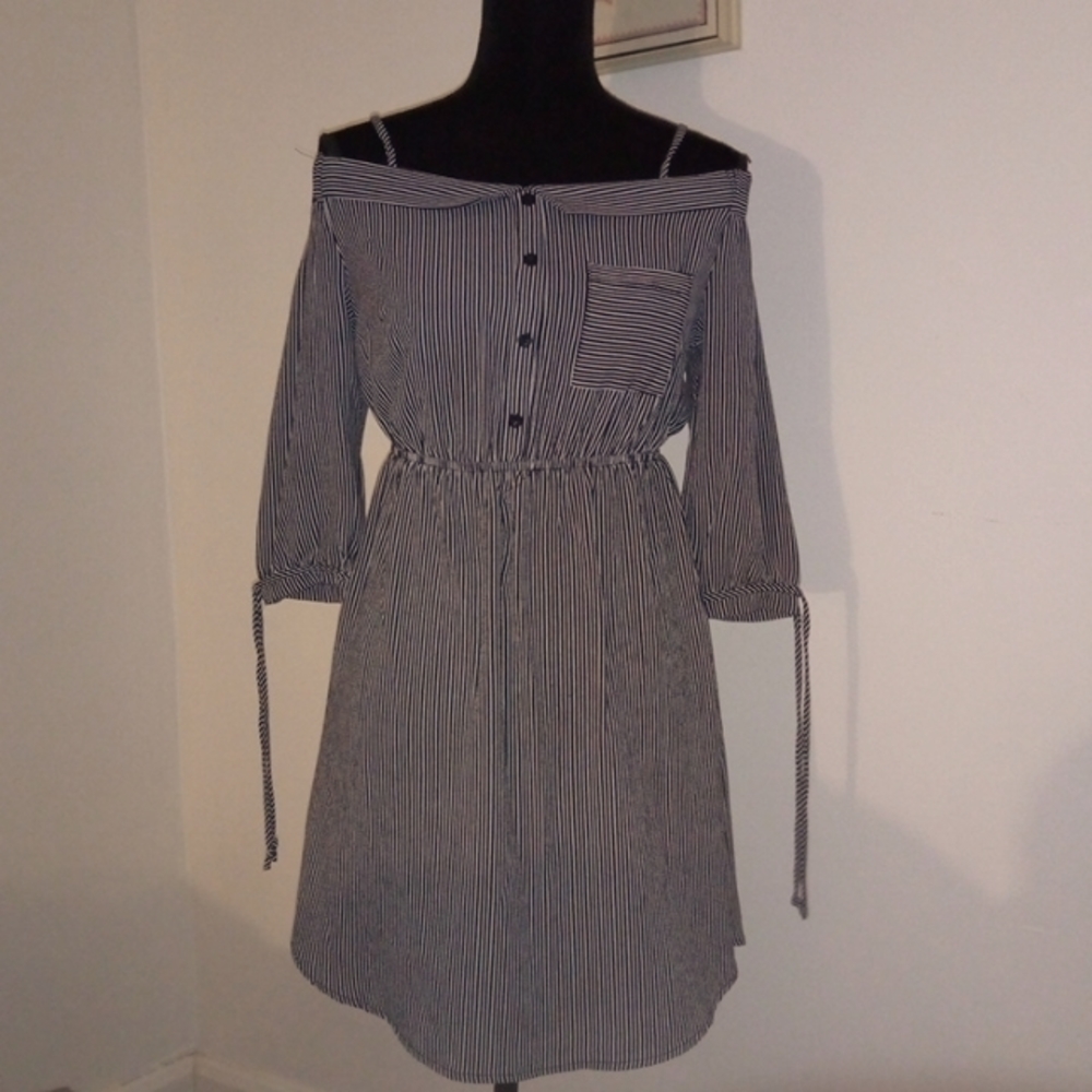 Monteau Pin Striped Boatneck Off Shoulder Dress